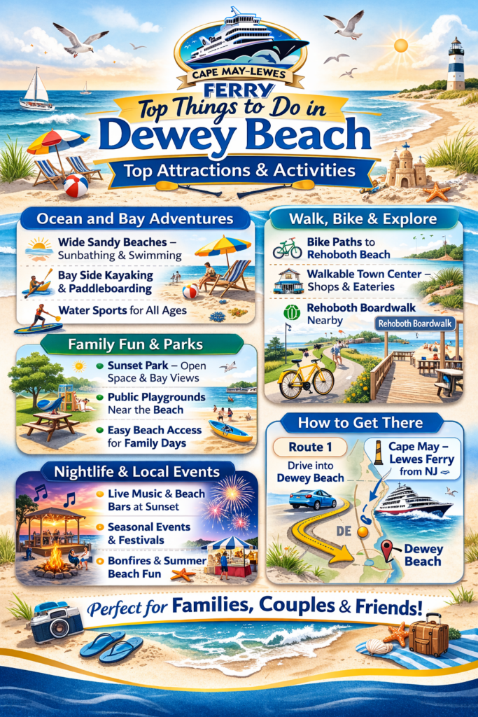 Things to do in Dewey Beach infographic featuring ocean and bay activities, family parks, biking trails, nightlife, Route 1 access, and the Cape May–Lewes Ferry from New Jersey
