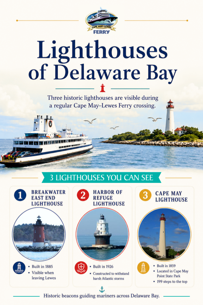 Infographic by Cape May-Lewes Ferry showing three historic lighthouses visible during a regular ferry crossing: Breakwater East End Lighthouse built in 1885, Harbor of Refuge Lighthouse built in 1926, and Cape May Lighthouse built in 1859.