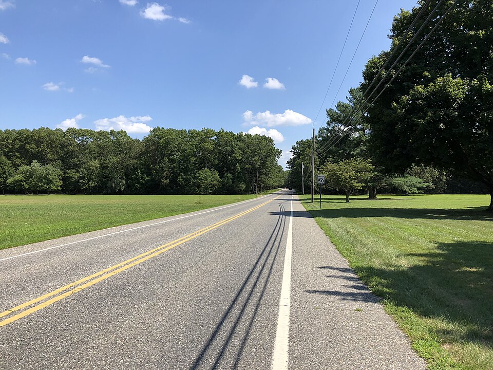 Paved Dennis Township Bike Path through rural landscape near the Ocean View Fire Company on Woodbine Blvd in South Seaville, NJ, part of the larger Cape May County trail network. Photo by Famartin (https://commons.wikimedia.org/wiki/File:2018-08-09_14_53_01_View_east_along_Cape_May_County_Route_550_(Belleplain-Woodbine_Road)_just_east_of_Cedar_Bridge_Road_and_Vine_Street_in_Dennis_Township,_Cape_May_County,_New_Jersey.jpg) , CC BY-SA 4.0 (https://creativecommons.org/licenses/by-sa/4.0) , via Wikimedia Commons.