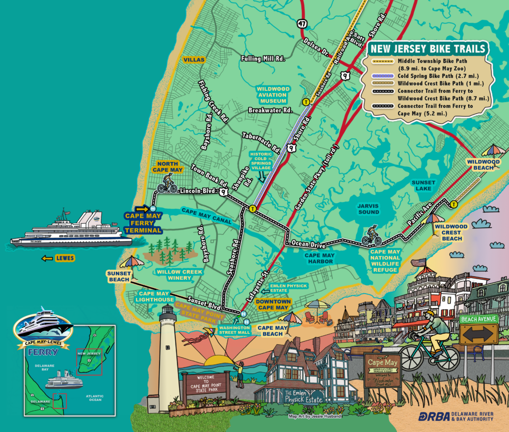 The Jersey Cape is shown with bike trails and the Cape May - Lewes Ferry in an illustration