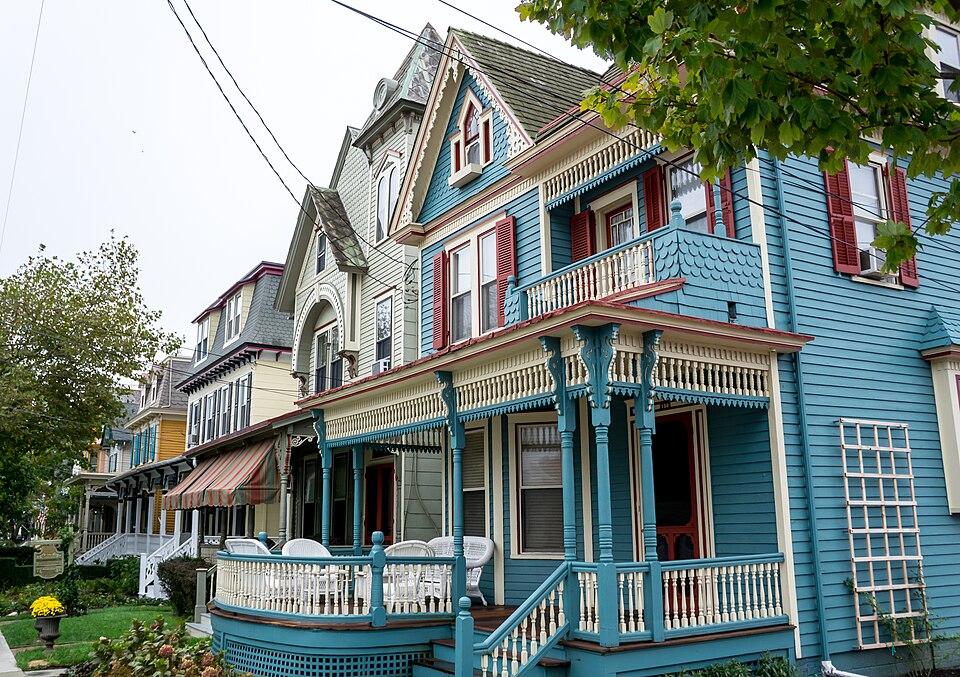 Colorful Victorian gingerbread home in the Cape May Historic District, a popular cycling destination near Washington Street Mall in Cape May, NJ. Photo by RandyMower (https://commons.wikimedia.org/wiki/File:Cape_May_-_Cape_May_Historic_District_-_20161002111532.jpg) , CC BY-SA 4.0 (https://creativecommons.org/licenses/by-sa/4.0) , via Wikimedia Commons.