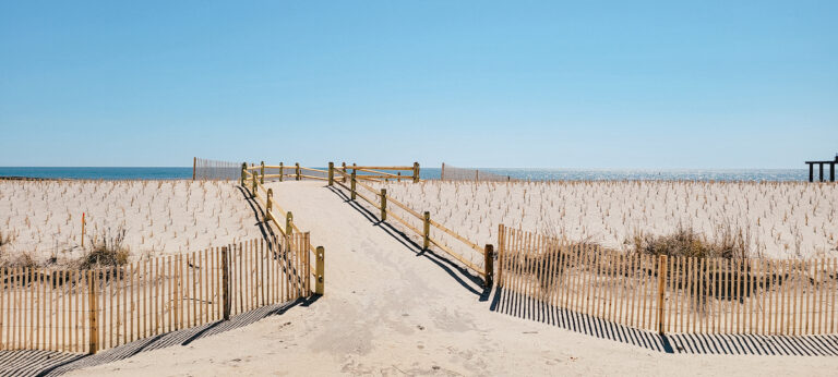 A wooden walkway leads through beach dunes to the ocean in Atlantic City, New Jersey.