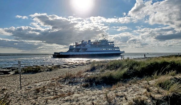 A view of the Cape May - Lewes Ferry from Sunset Beach in Cape May as she sails on Delaware Bay