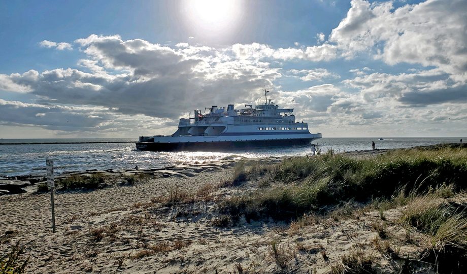 A view of the Cape May - Lewes Ferry from Sunset Beach in Cape May as she sails on Delaware Bay