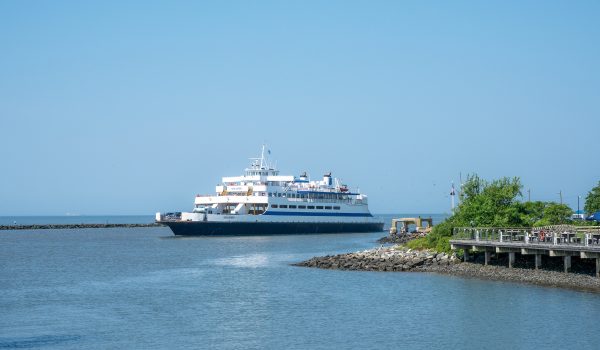 The Cape May - Lewes Ferry vessel MV New Jersey sails into Cape May after crossing Delaware Bay from Lewes Delaware.