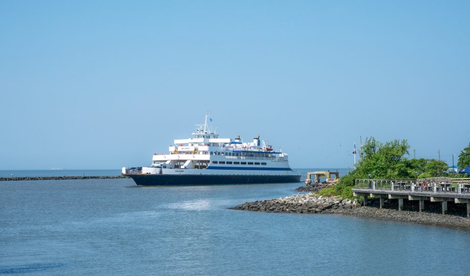 The Cape May - Lewes Ferry vessel MV New Jersey sails into Cape May after crossing Delaware Bay from Lewes Delaware.