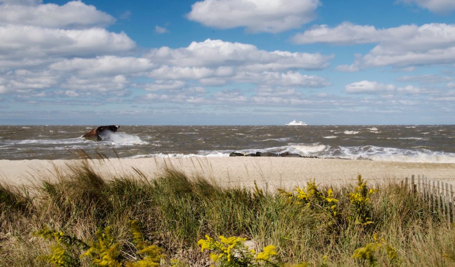 Cape May NJ beach in the fall. The picture shows long grass blowing in the heavy winds in the foreground, with the wreckage of the SS Antlanus and a distant cruise ship in the stormy waters.
