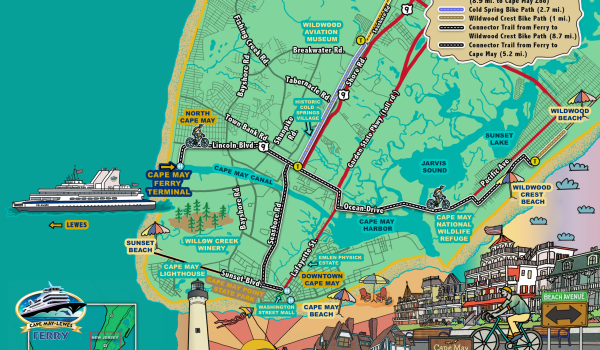 The Jersey Cape is shown with bike trails and the Cape May - Lewes Ferry in an illustration