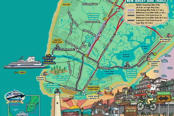 The Jersey Cape is shown with bike trails and the Cape May - Lewes Ferry in an illustration