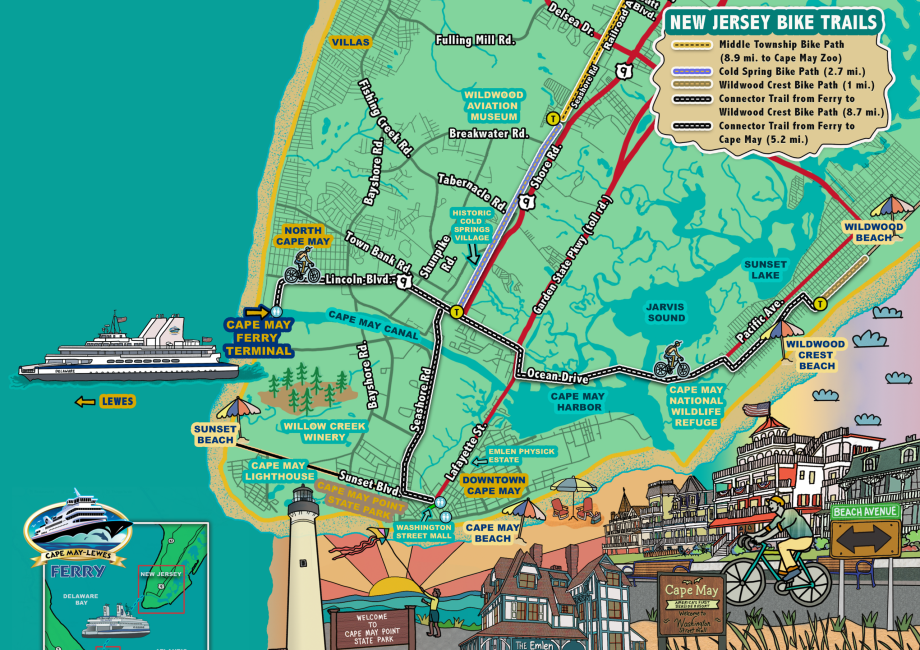 The Jersey Cape is shown with bike trails and the Cape May - Lewes Ferry in an illustration
