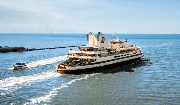 The Cape May - Lewes Ferry sails out of harbor in Cape May to cross Delaware Bay to Lewes Delaware