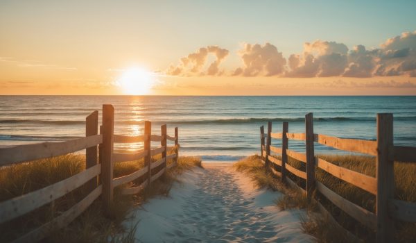The sunrises over Dewey Beach from the dune walk approaching the beach