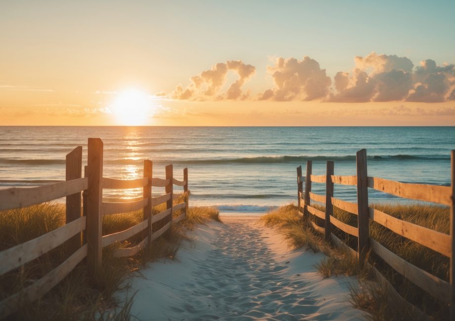 The sunrises over Dewey Beach from the dune walk approaching the beach