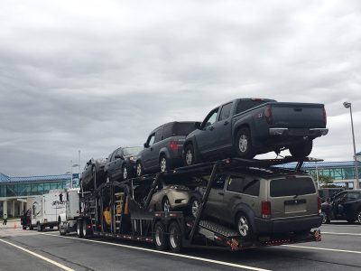 A Commercial Car Carrier waiting to drive onto the Ferry in Cape May New Jersey to take the Cape May - Lewes Ferry to cross Delaware Bay and reach Lewes, DE